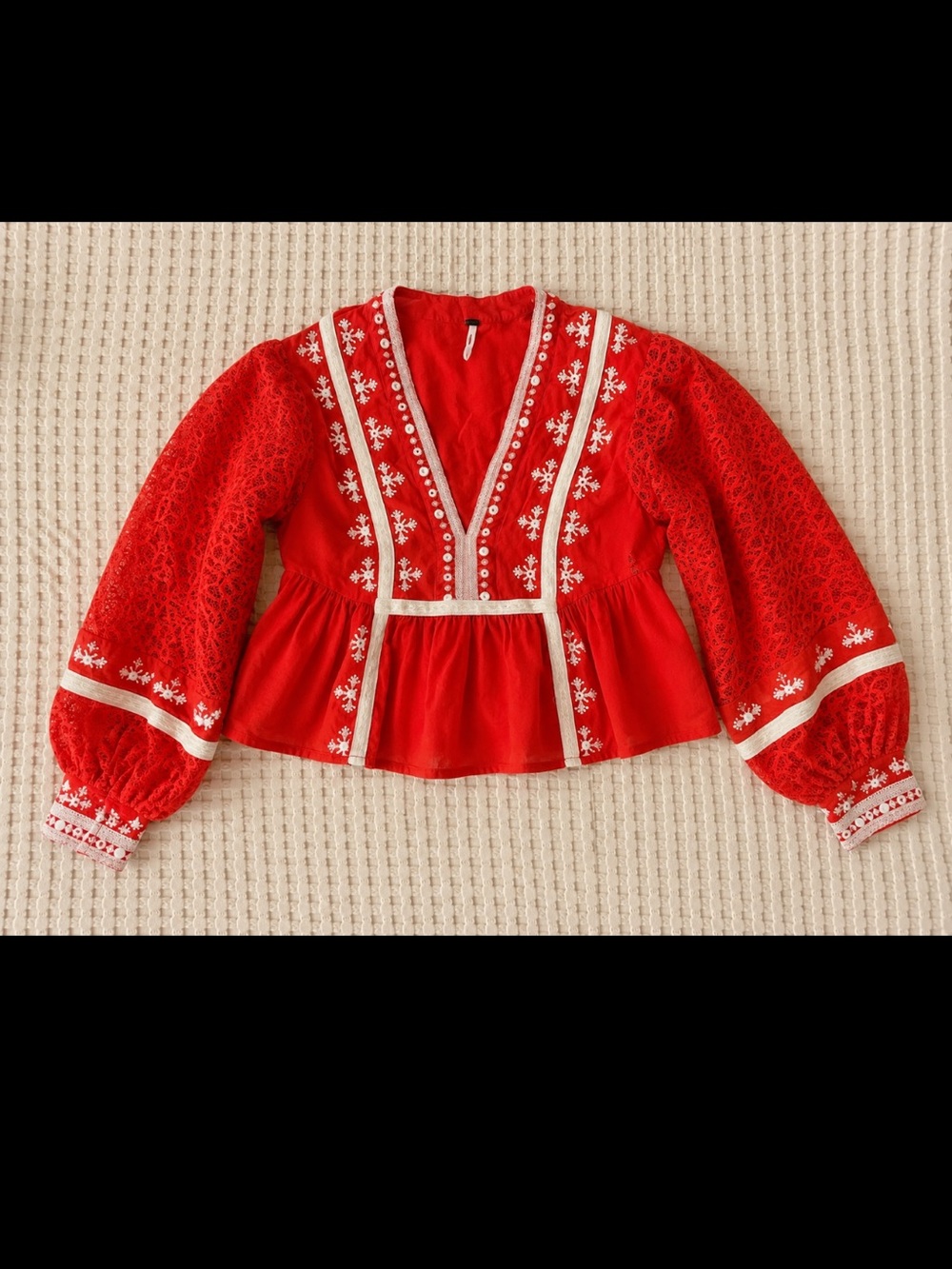 Free People Red Embroidered V-Neck Boho Blouse